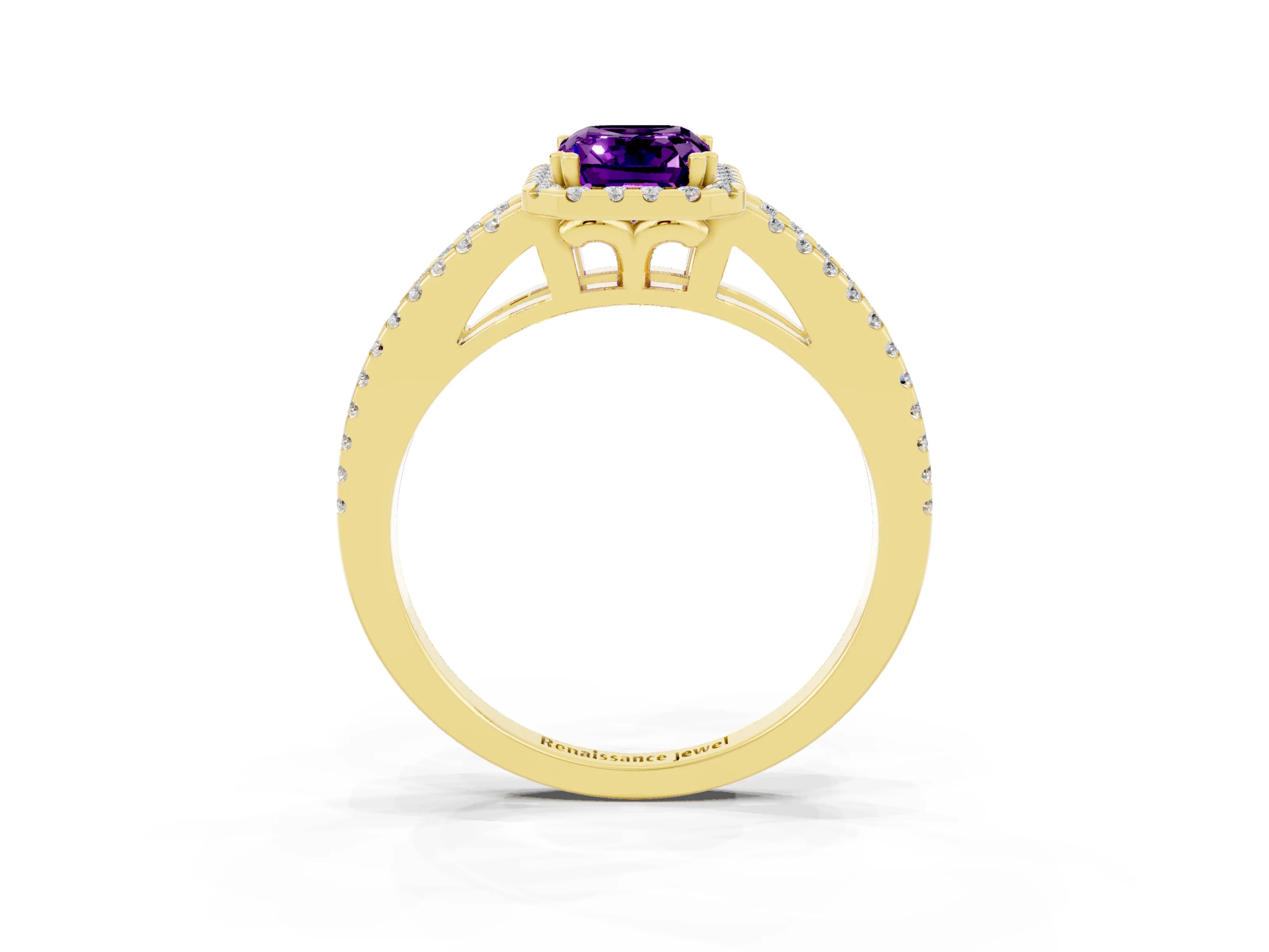 Yellow gold Emerald Cut Amethyst Halo Split Shank Engagement Ring_15