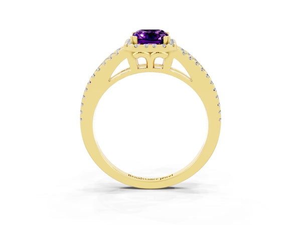 Yellow gold Emerald Cut Amethyst Halo Split Shank Engagement Ring