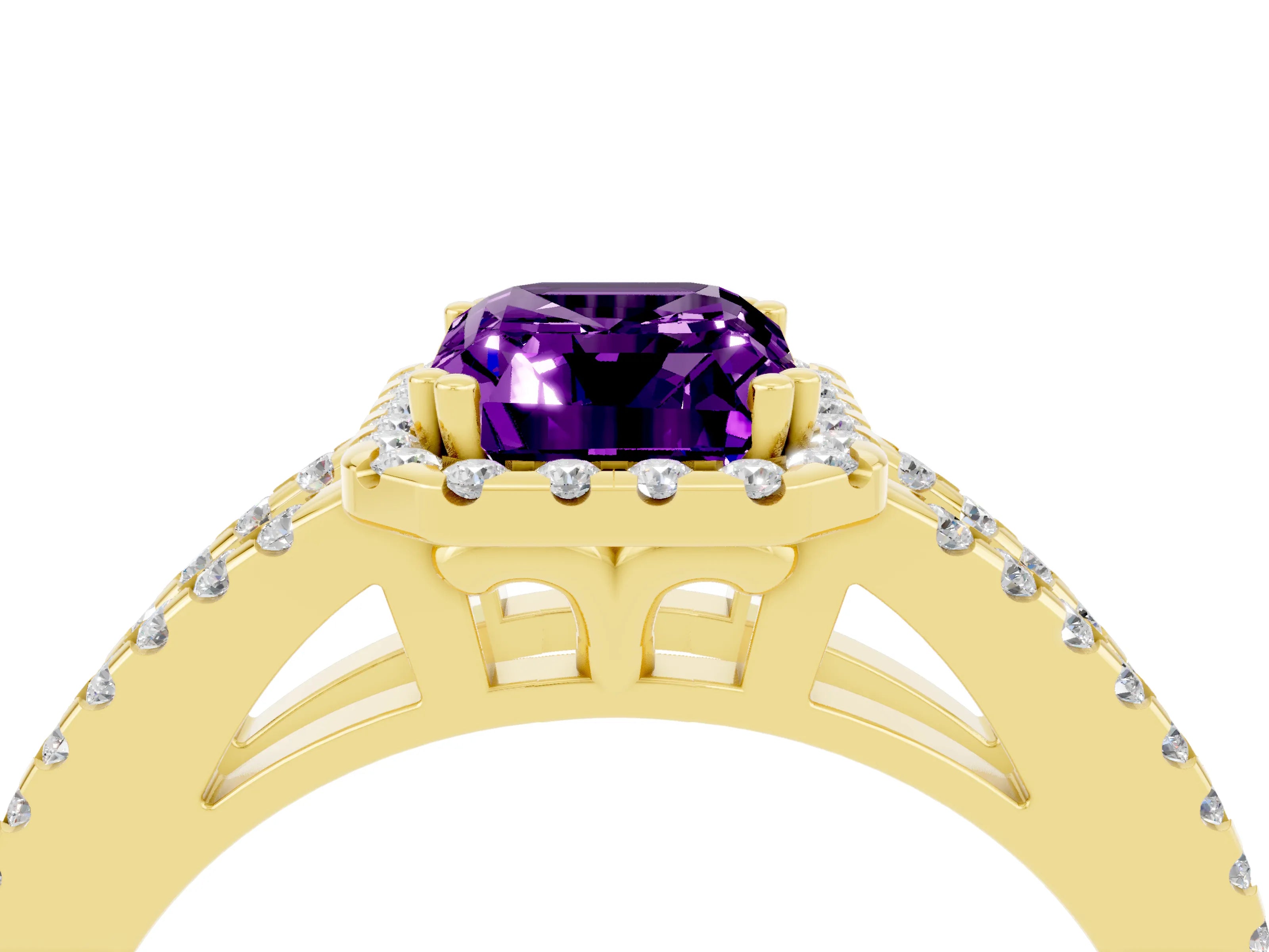 Yellow gold Emerald Cut Amethyst Halo Split Shank Engagement Ring_16