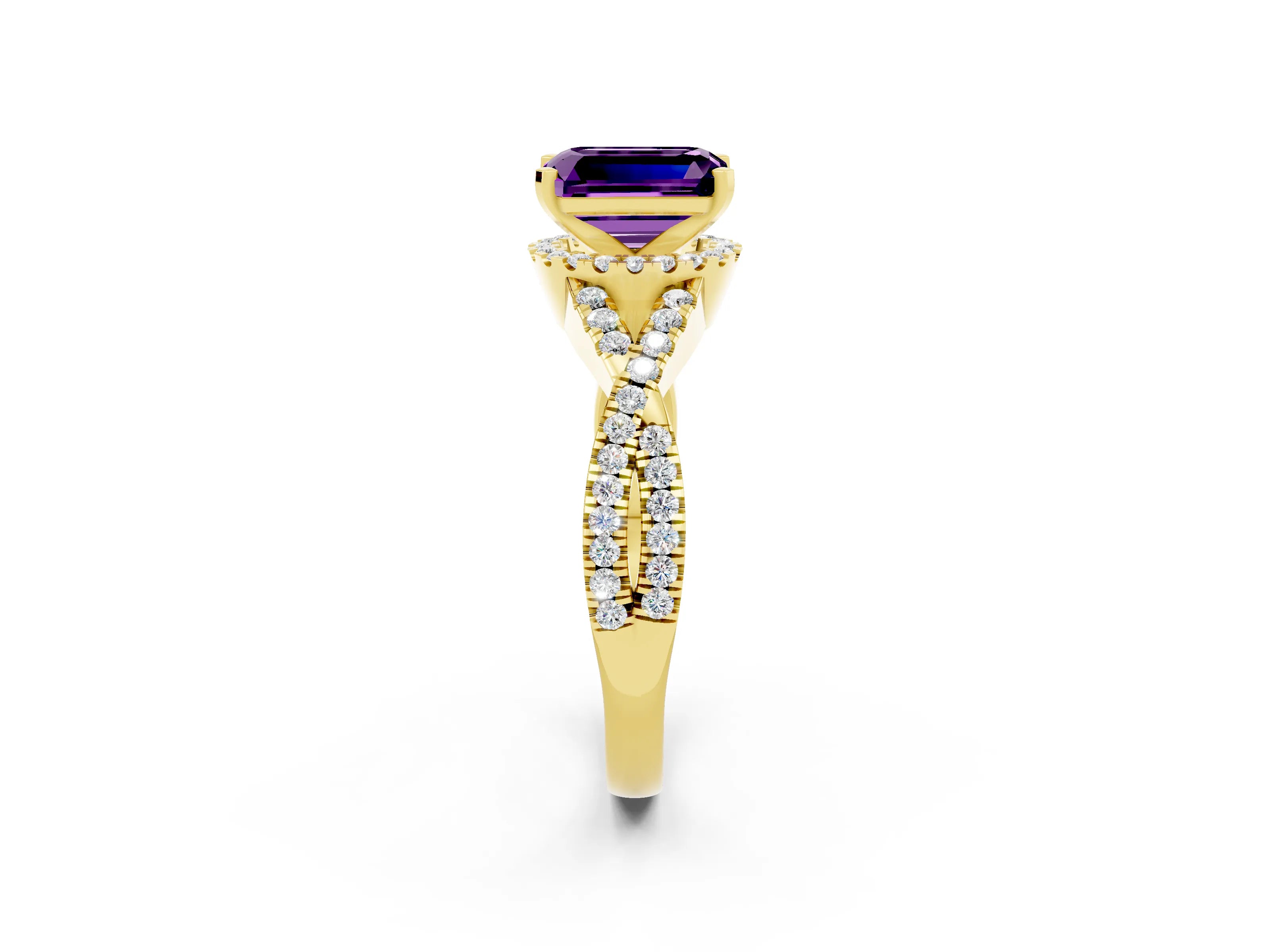 Yellow gold Emerald Cut Amethyst Halo Twist Band Solitaire Prong Setting Ring_2