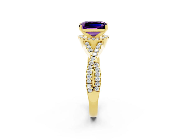 Yellow gold Emerald Cut Amethyst  Halo Twist Band Solitaire Prong Setting Ring