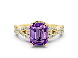 Yellow gold Emerald Cut Amethyst  Halo Twist Band Solitaire Prong Setting Ring_24