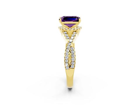 Yellow gold Emerald Cut Amethyst Halo Twist Band Solitaire Prong Setting Ring_2