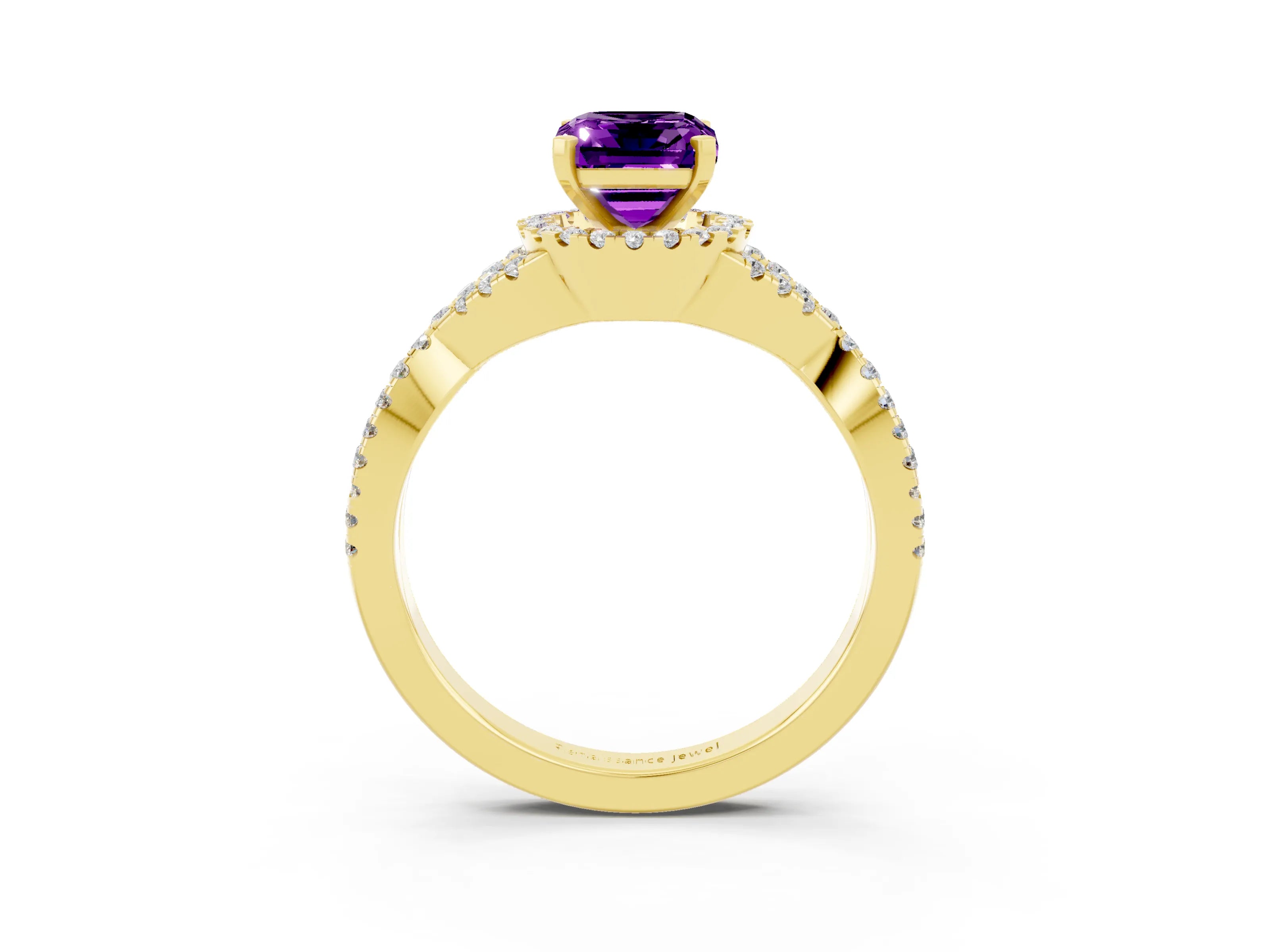 Yellow gold Emerald Cut Amethyst Halo Twist Band Solitaire Prong Setting Ring_3