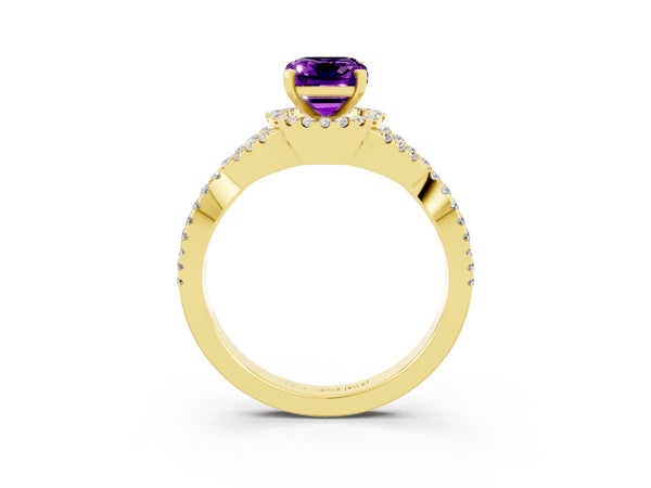 Yellow gold Emerald Cut Amethyst  Halo Twist Band Solitaire Prong Setting Ring