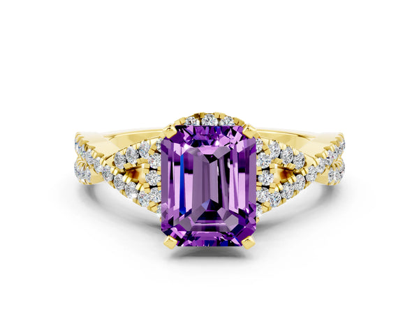 Yellow gold Emerald Cut Amethyst  Halo Twist Band Solitaire Prong Setting Ring