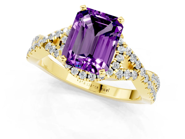Yellow gold Emerald Cut Amethyst  Halo Twist Band Solitaire Prong Setting Ring