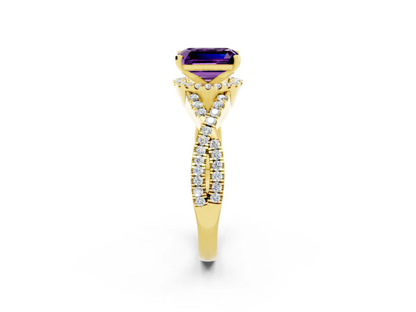Yellow gold Emerald Cut Amethyst  Halo Twist Band Solitaire Prong Setting Ring