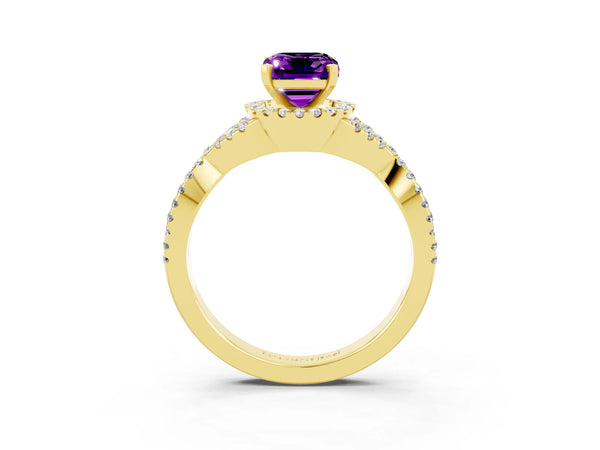 Yellow gold Emerald Cut Amethyst  Halo Twist Band Solitaire Prong Setting Ring