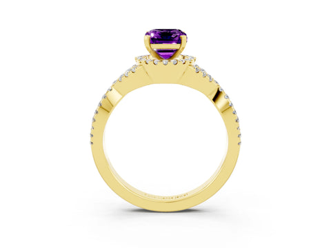 Yellow gold Emerald Cut Amethyst Halo Twist Band Solitaire Prong Setting Ring_3