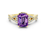 Yellow gold Emerald Cut Amethyst  Halo Twist Band Solitaire Prong Setting Ring_48
