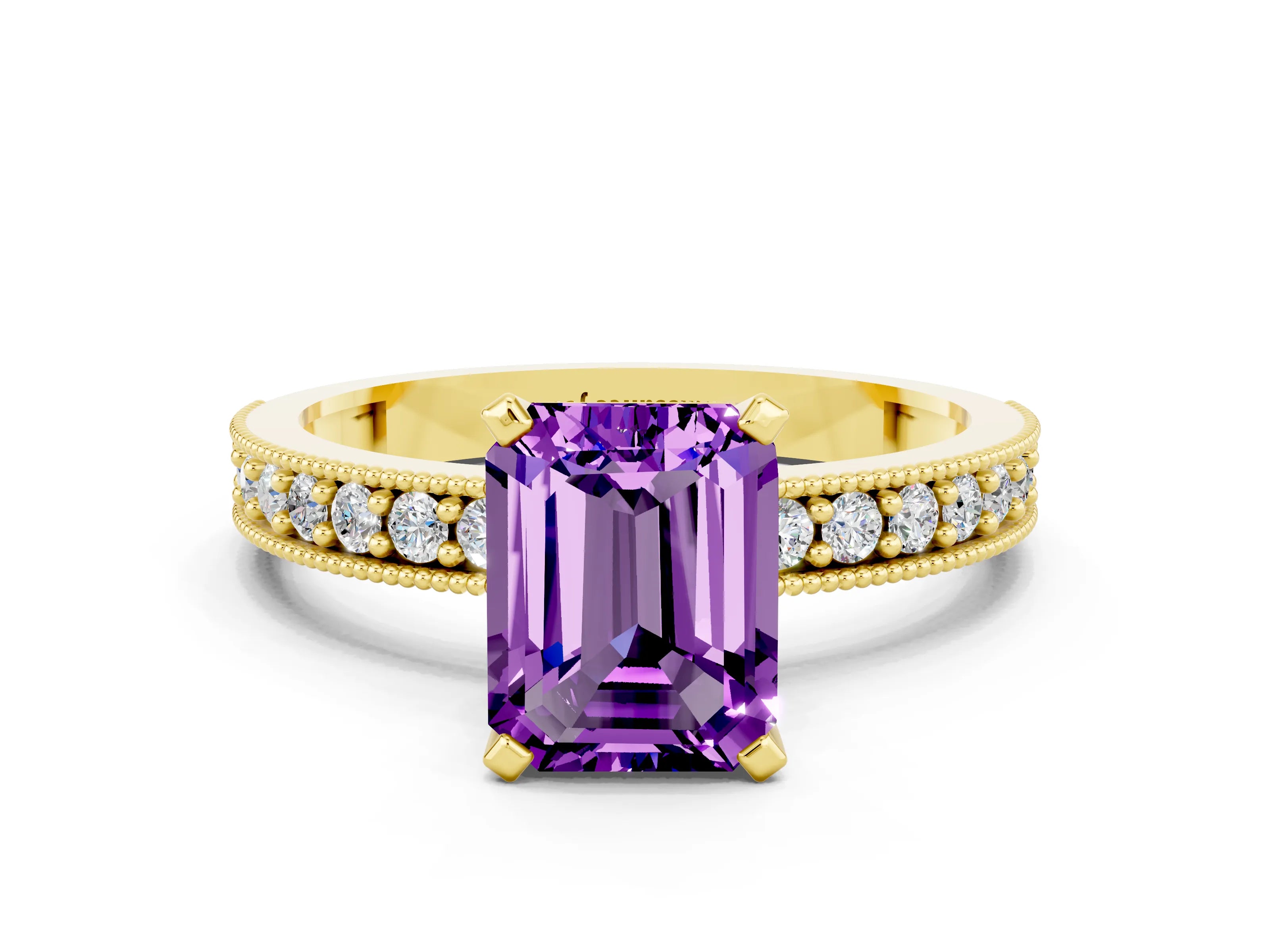 Yellow gold Emerald Cut Amethyst Milgrain Pavé Engagement Ring with Four-Prong Setting_12
