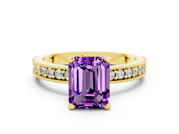 Yellow gold Emerald Cut Amethyst Milgrain Pavé Engagement Ring with Four-Prong Setting