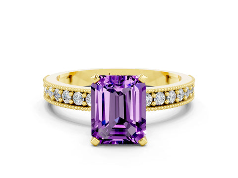 Yellow gold Emerald Cut Amethyst Milgrain Pavé Engagement Ring with Four-Prong Setting_12