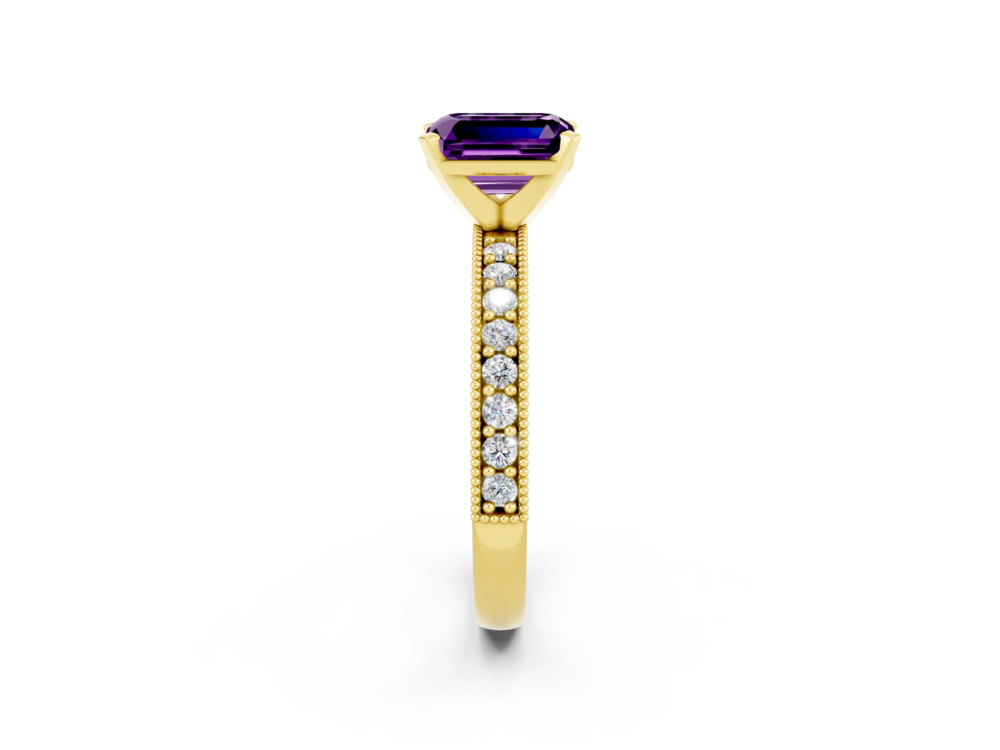 Yellow gold Emerald Cut Amethyst Milgrain Pavé Engagement Ring with Four-Prong Setting_14