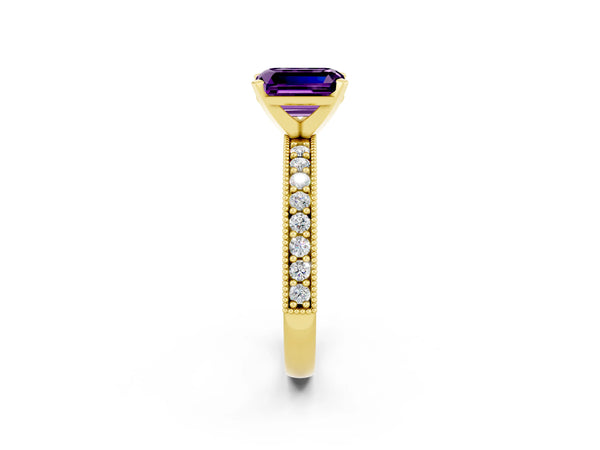 Yellow gold Emerald Cut Amethyst Milgrain Pavé Engagement Ring with Four-Prong Setting