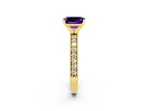 Yellow gold Emerald Cut Amethyst Milgrain Pavé Engagement Ring with Four-Prong Setting_14