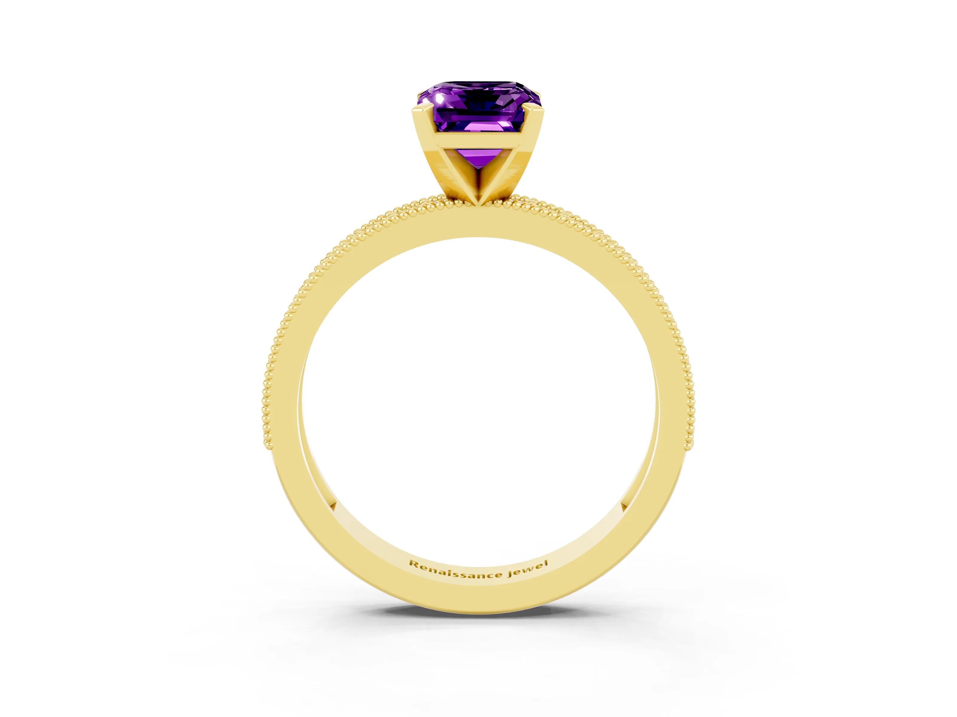Yellow gold Emerald Cut Amethyst Milgrain Pavé Engagement Ring with Four-Prong Setting_15