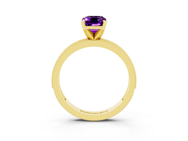 Yellow gold Emerald Cut Amethyst Milgrain Pavé Engagement Ring with Four-Prong Setting