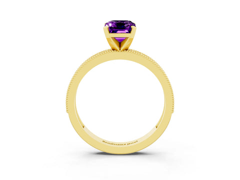 Yellow gold Emerald Cut Amethyst Milgrain Pavé Engagement Ring with Four-Prong Setting_15