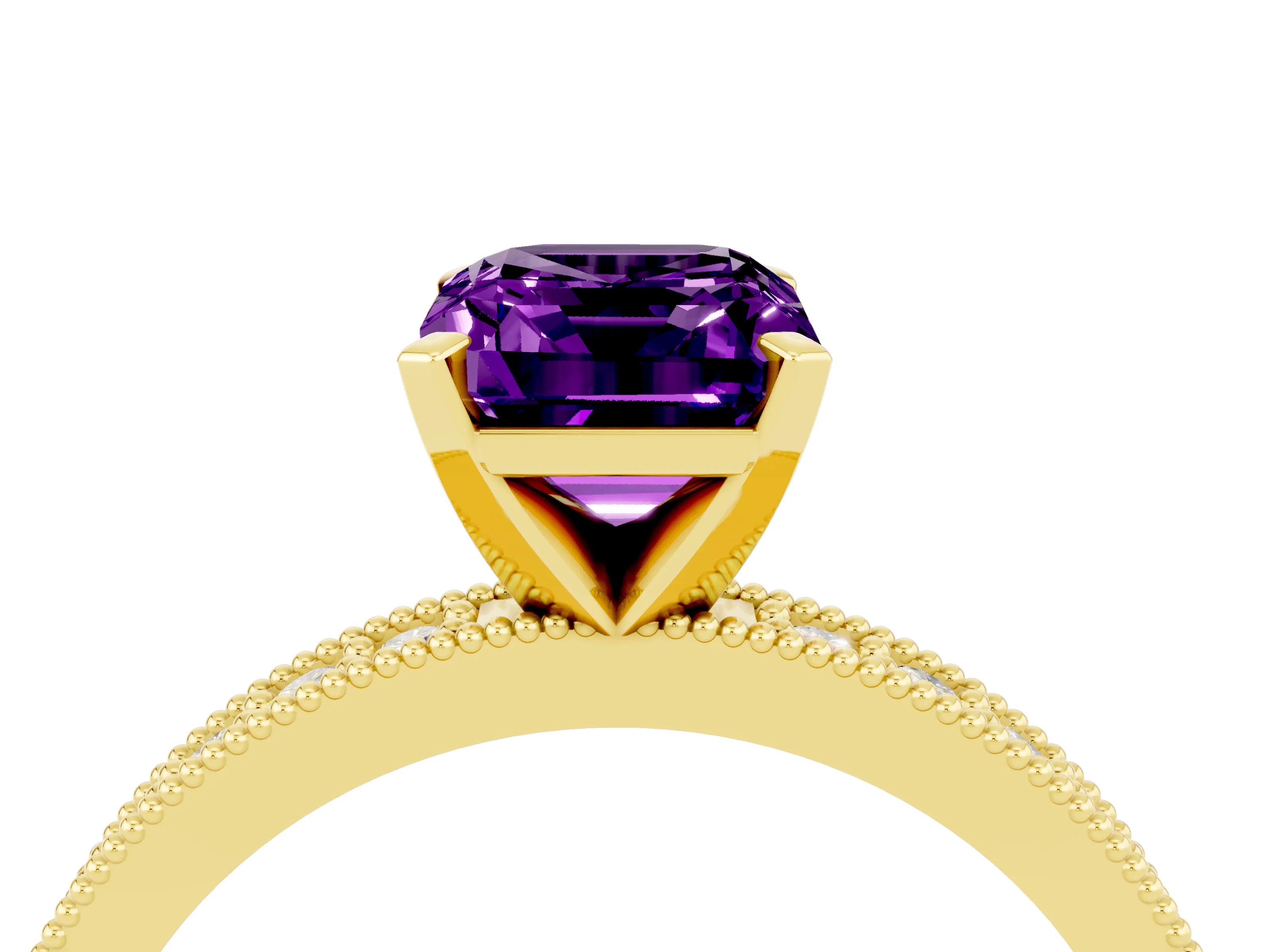 Yellow gold Emerald Cut Amethyst Milgrain Pavé Engagement Ring with Four-Prong Setting_16