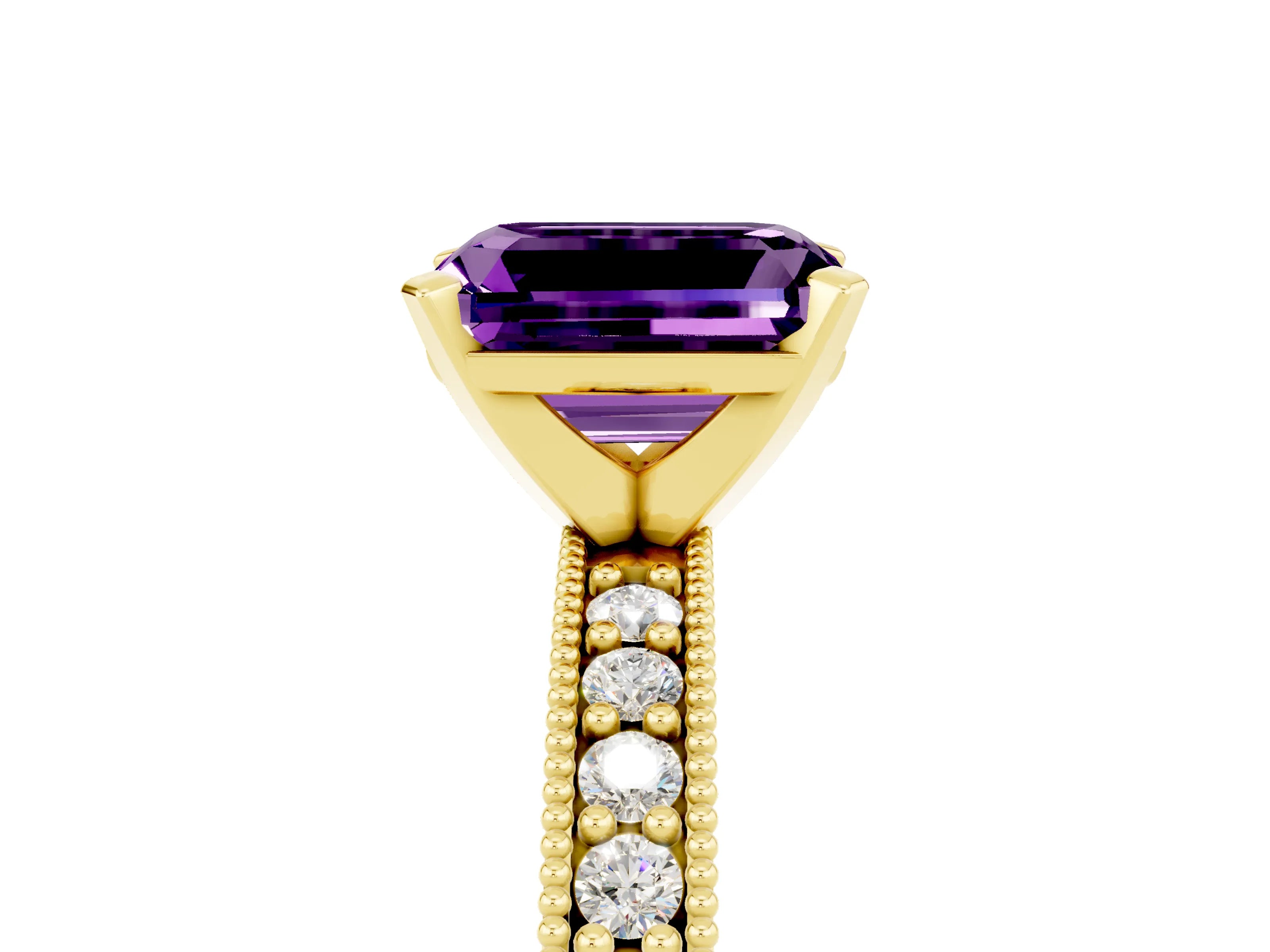 Yellow gold Emerald Cut Amethyst Milgrain Pavé Engagement Ring with Four-Prong Setting_17