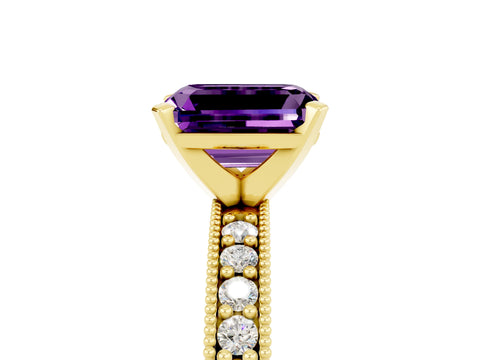 Yellow gold Emerald Cut Amethyst Milgrain Pavé Engagement Ring with Four-Prong Setting_17