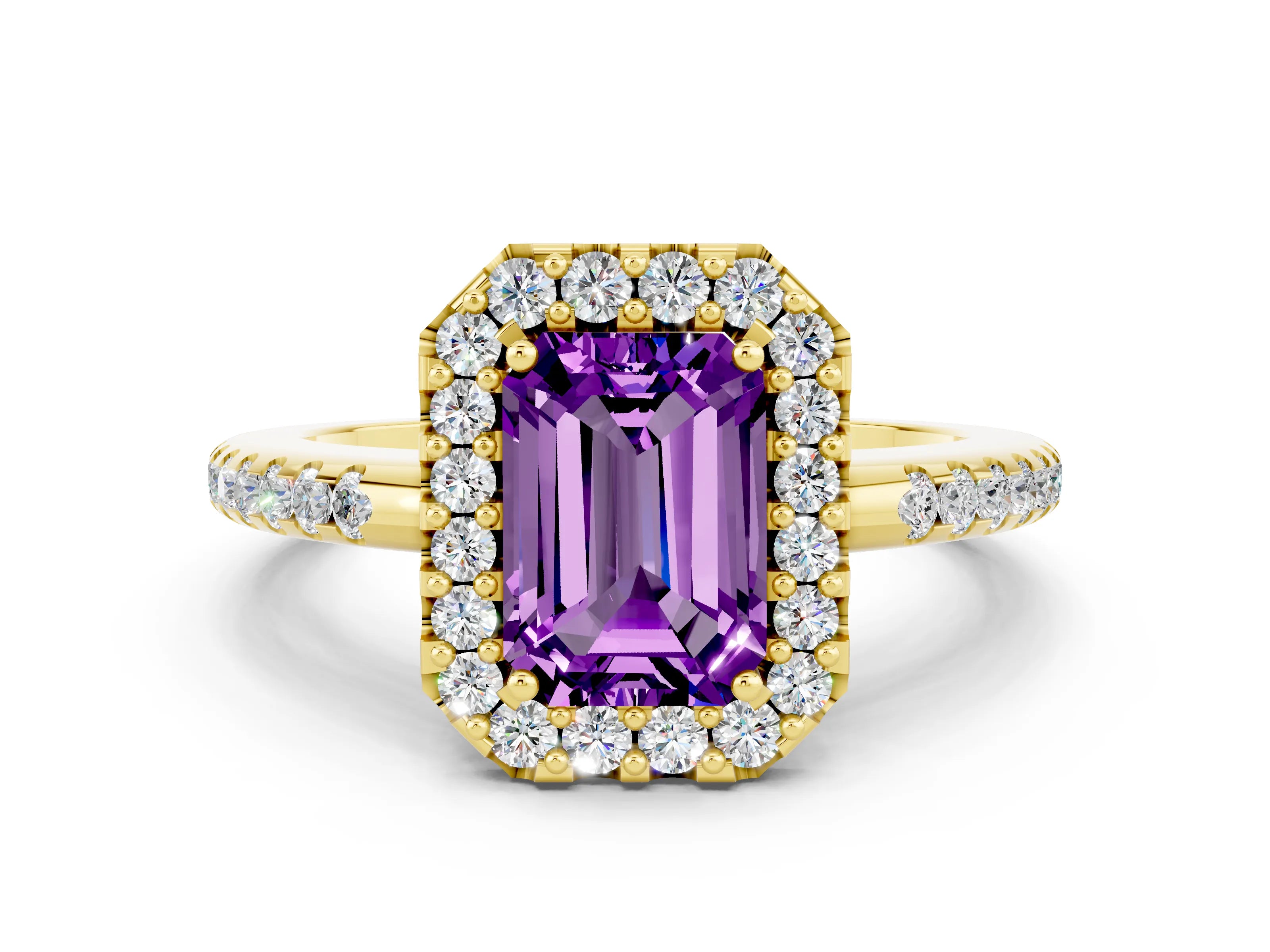 Yellow gold Emerald Cut Amethyst Pavé Halo Ring with Four-Prong Setting_12