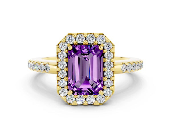 Yellow gold Emerald Cut Amethyst Pavé Halo Ring with Four-Prong Setting