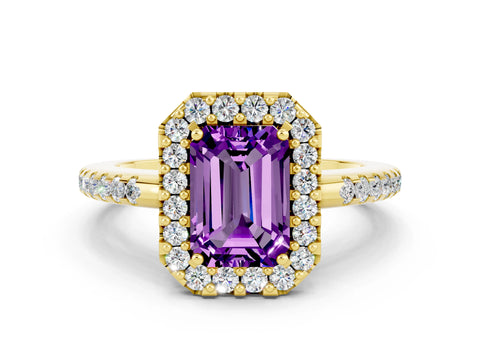 Yellow gold Emerald Cut Amethyst Pavé Halo Ring with Four-Prong Setting_12