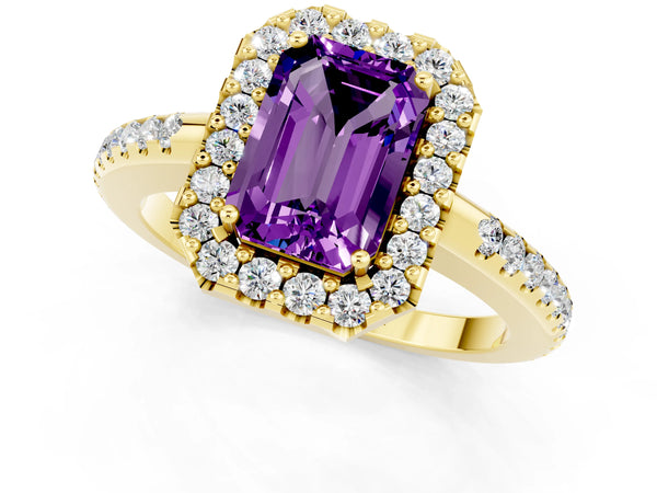 Yellow gold Emerald Cut Amethyst Pavé Halo Ring with Four-Prong Setting