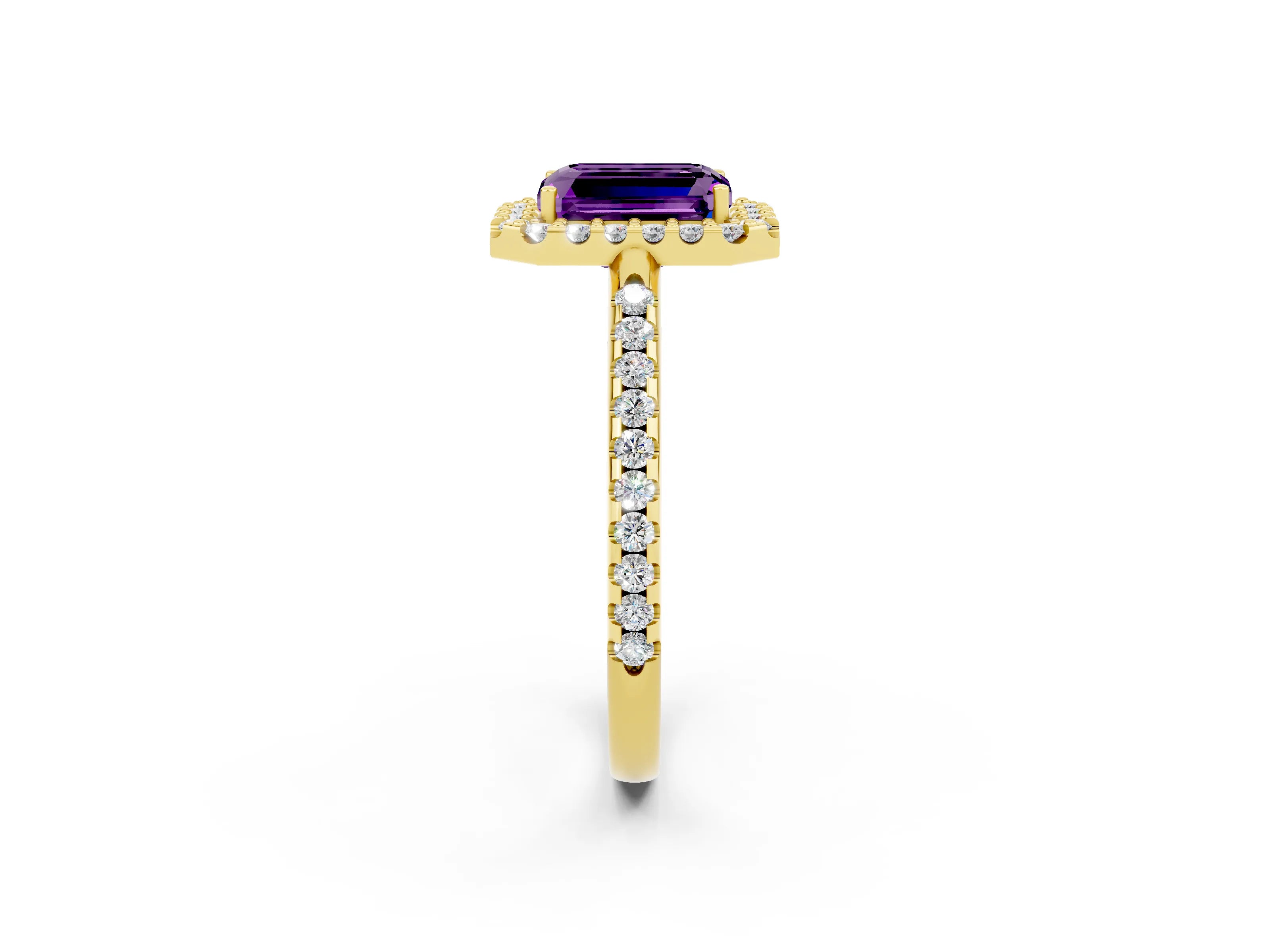 Yellow gold Emerald Cut Amethyst Pavé Halo Ring with Four-Prong Setting_14