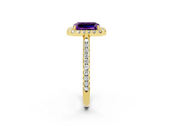 Yellow gold Emerald Cut Amethyst Pavé Halo Ring with Four-Prong Setting