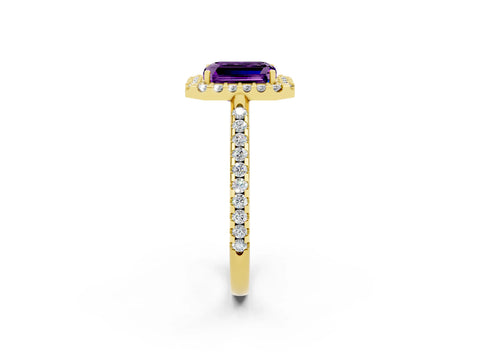 Yellow gold Emerald Cut Amethyst Pavé Halo Ring with Four-Prong Setting_14