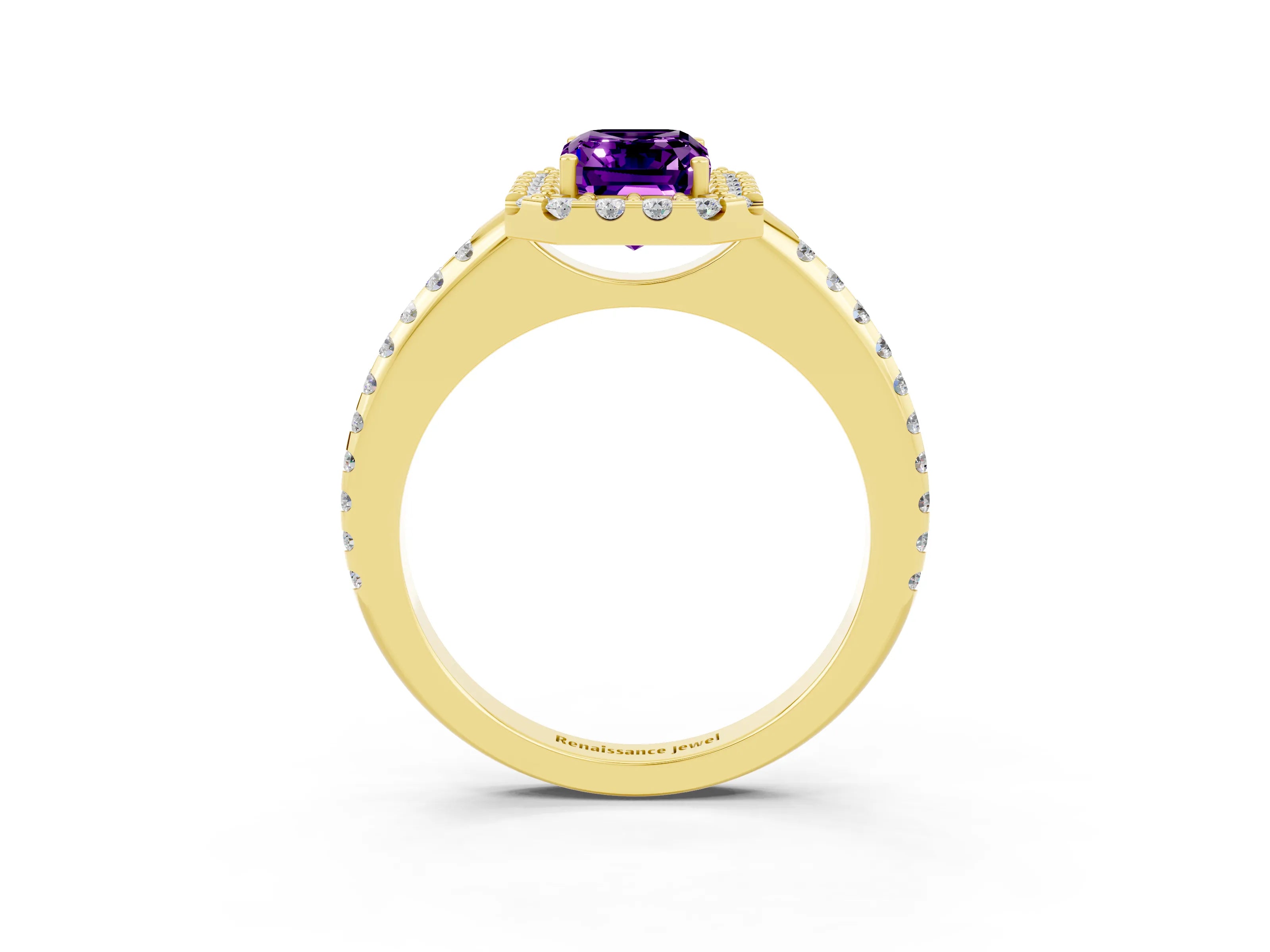 Yellow gold Emerald Cut Amethyst Pavé Halo Ring with Four-Prong Setting_15