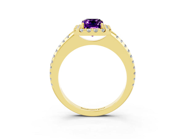 Yellow gold Emerald Cut Amethyst Pavé Halo Ring with Four-Prong Setting