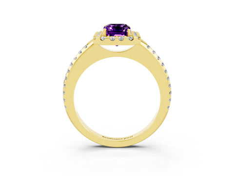 Yellow gold Emerald Cut Amethyst Pavé Halo Ring with Four-Prong Setting_15