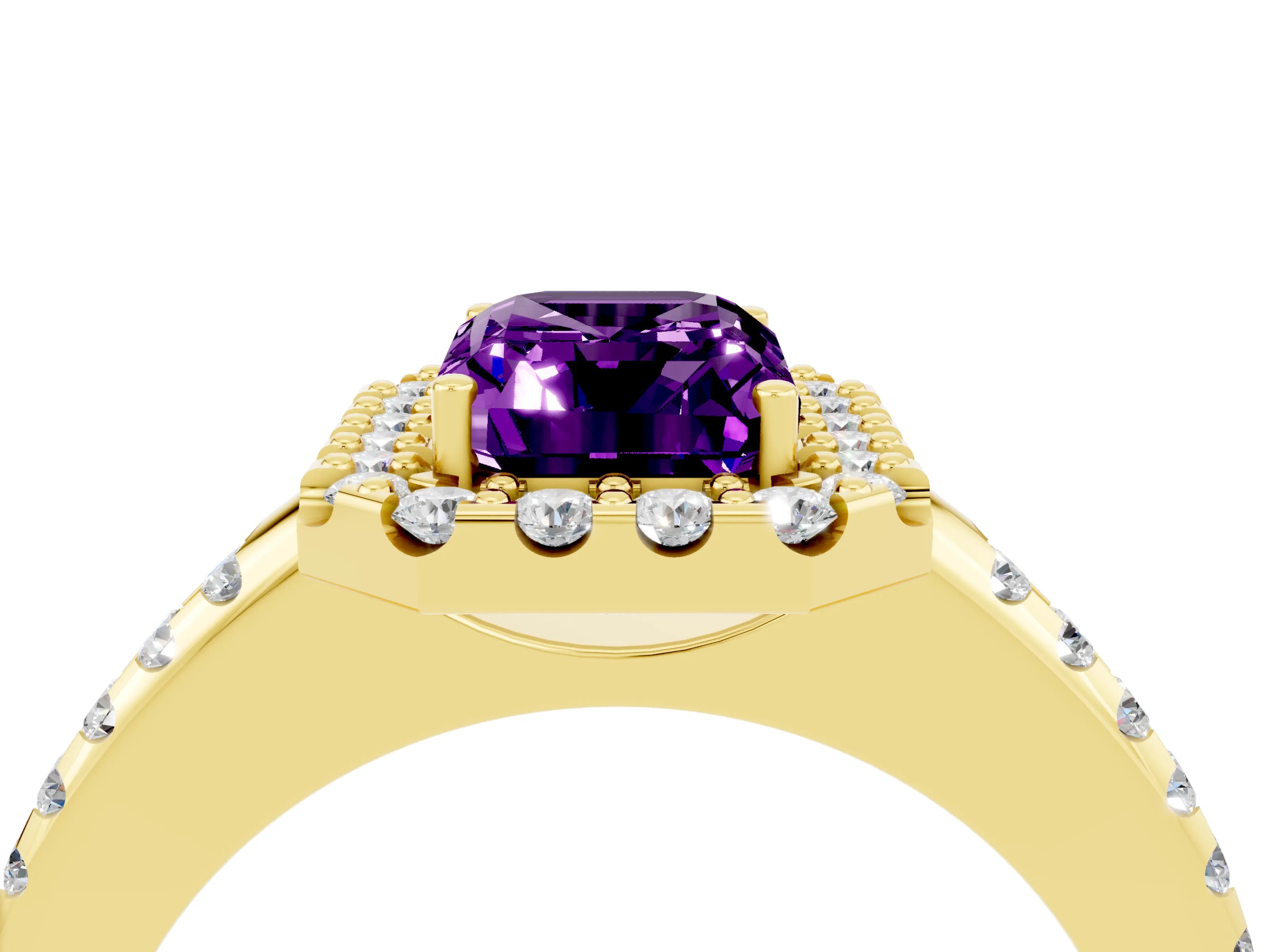 Yellow gold Emerald Cut Amethyst Pavé Halo Ring with Four-Prong Setting_16