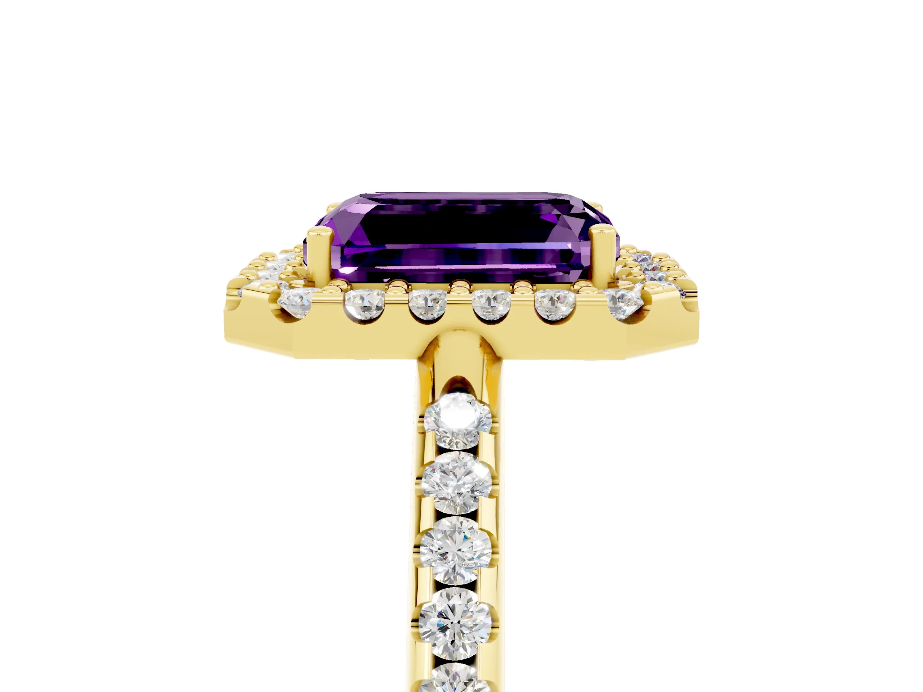 Yellow gold Emerald Cut Amethyst Pavé Halo Ring with Four-Prong Setting_17
