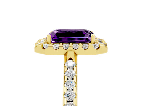 Yellow gold Emerald Cut Amethyst Pavé Halo Ring with Four-Prong Setting_17