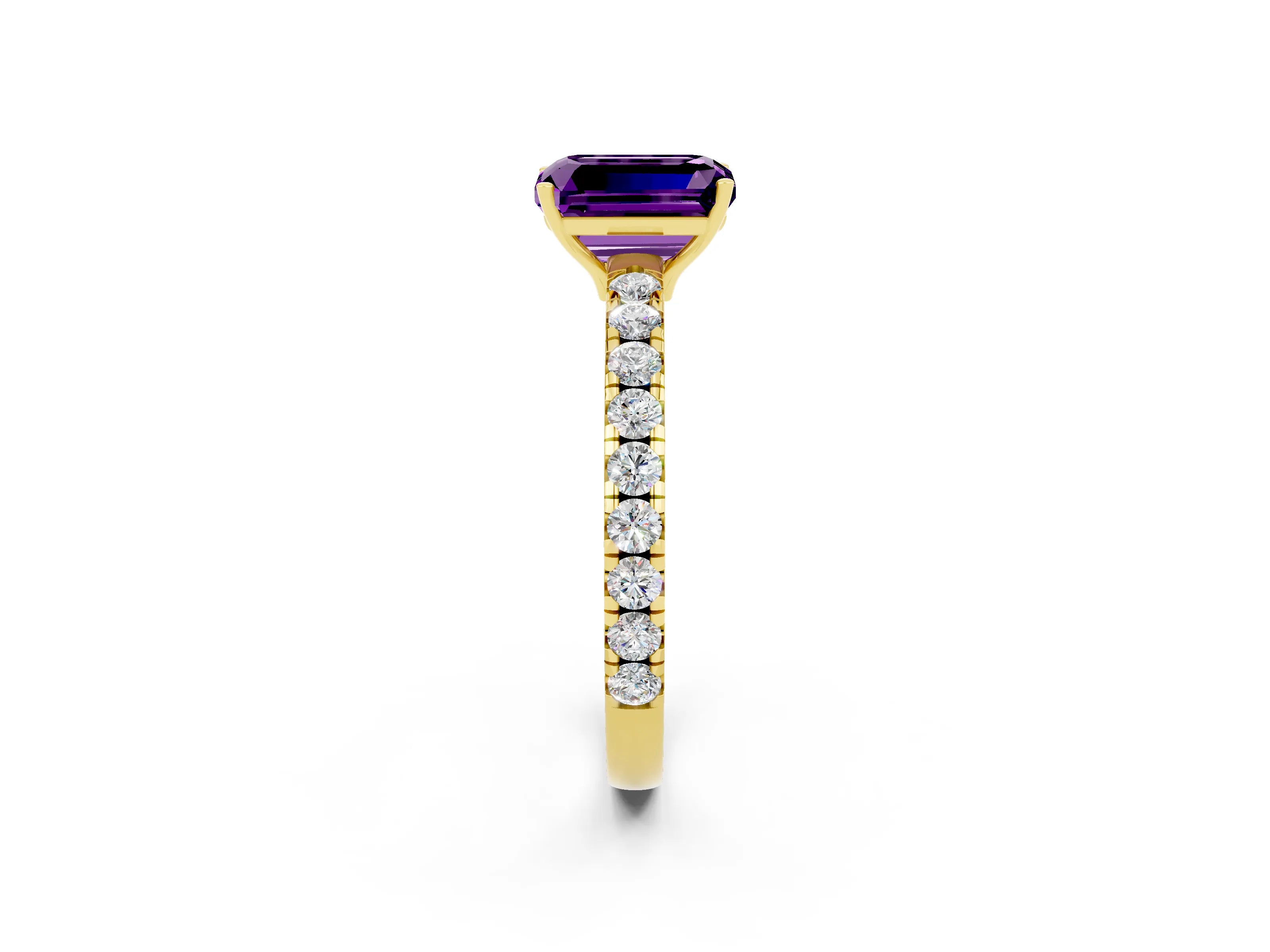 Yellow gold Emerald Cut Amethyst Pavé Solitaire Engagement Ring with Four-Prong Setting_14