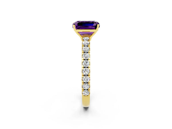 Yellow gold Emerald Cut Amethyst Pavé Solitaire Engagement Ring with Four-Prong Setting