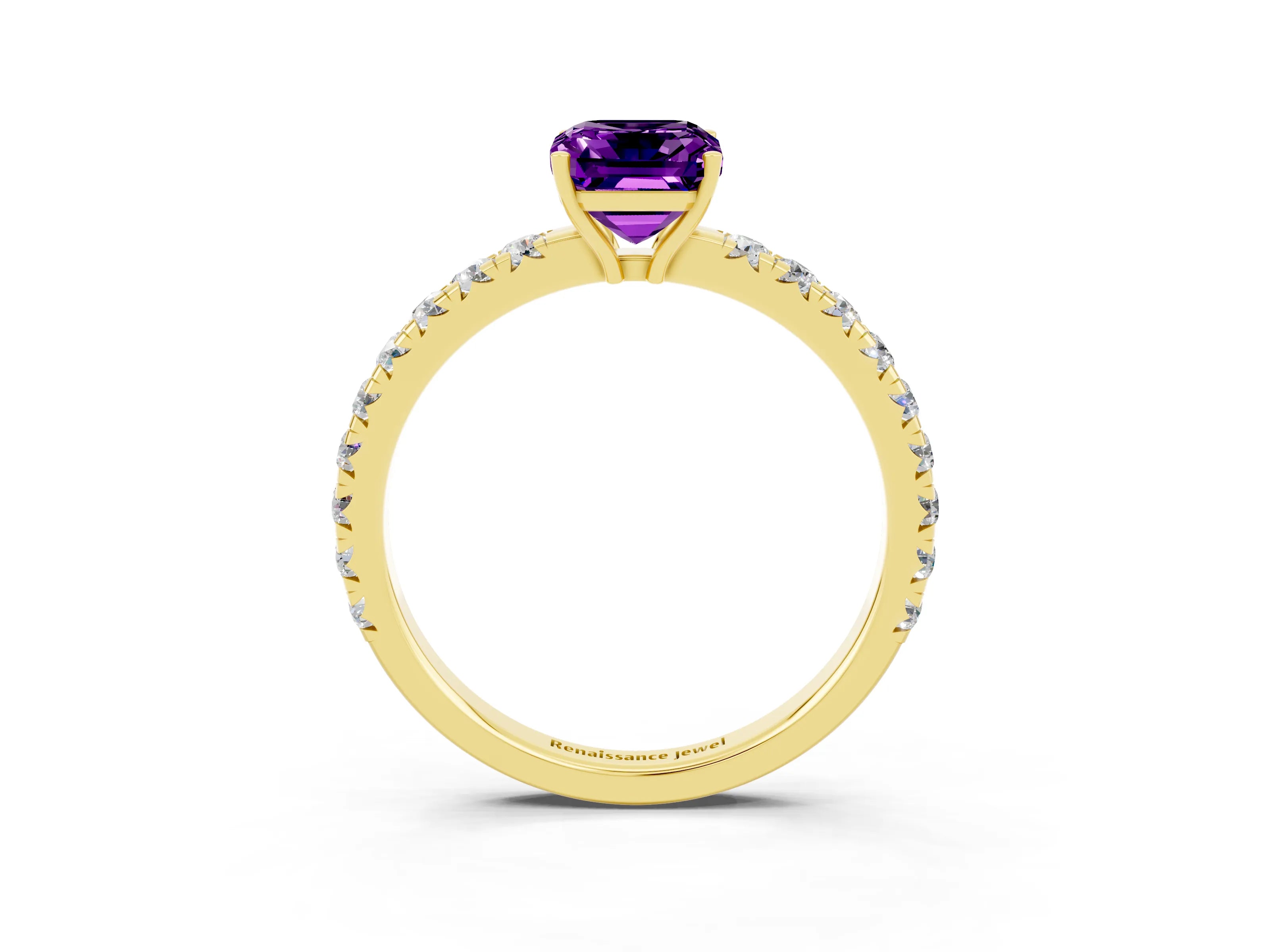 Yellow gold Emerald Cut Amethyst Pavé Solitaire Engagement Ring with Four-Prong Setting_15