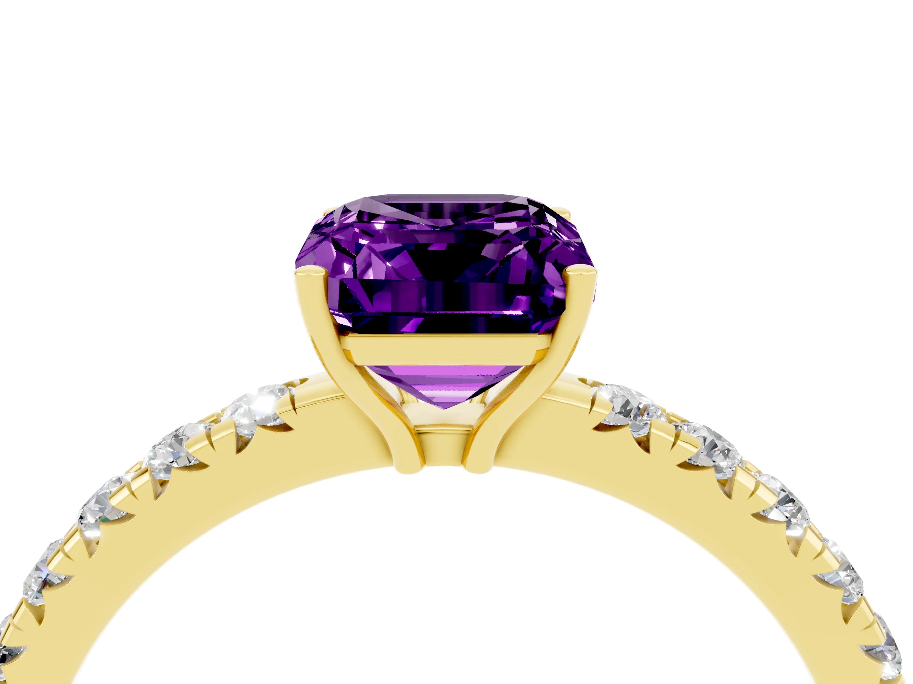 Yellow gold Emerald Cut Amethyst Pavé Solitaire Engagement Ring with Four-Prong Setting_16