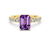 Yellow gold Emerald Cut Amethyst Pavé Solitaire Ring with Round Band and Prong Setting_24