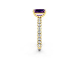 Yellow gold Emerald Cut Amethyst Pavé Solitaire Ring with Round Band and Prong Setting_26