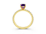 Yellow gold Emerald Cut Amethyst Pavé Solitaire Ring with Round Band and Prong Setting_27