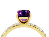 Yellow gold Emerald Cut Amethyst Pavé Solitaire Ring with Round Band and Prong Setting_28