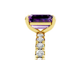 Yellow gold Emerald Cut Amethyst Pavé Solitaire Ring with Round Band and Prong Setting_29