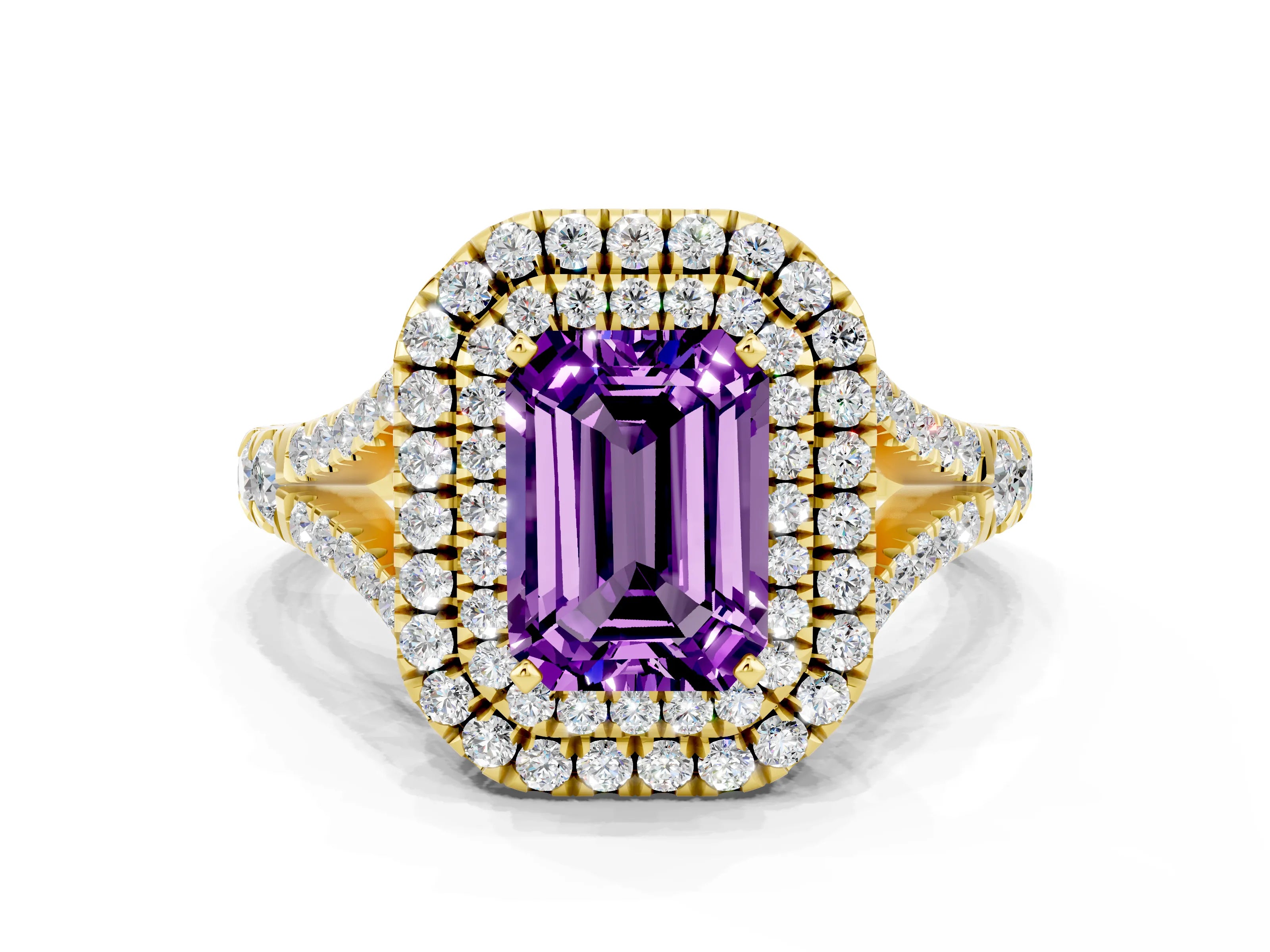 Yellow gold Emerald Cut Amethyst Pavé Split Shank Double Halo Engagement Ring